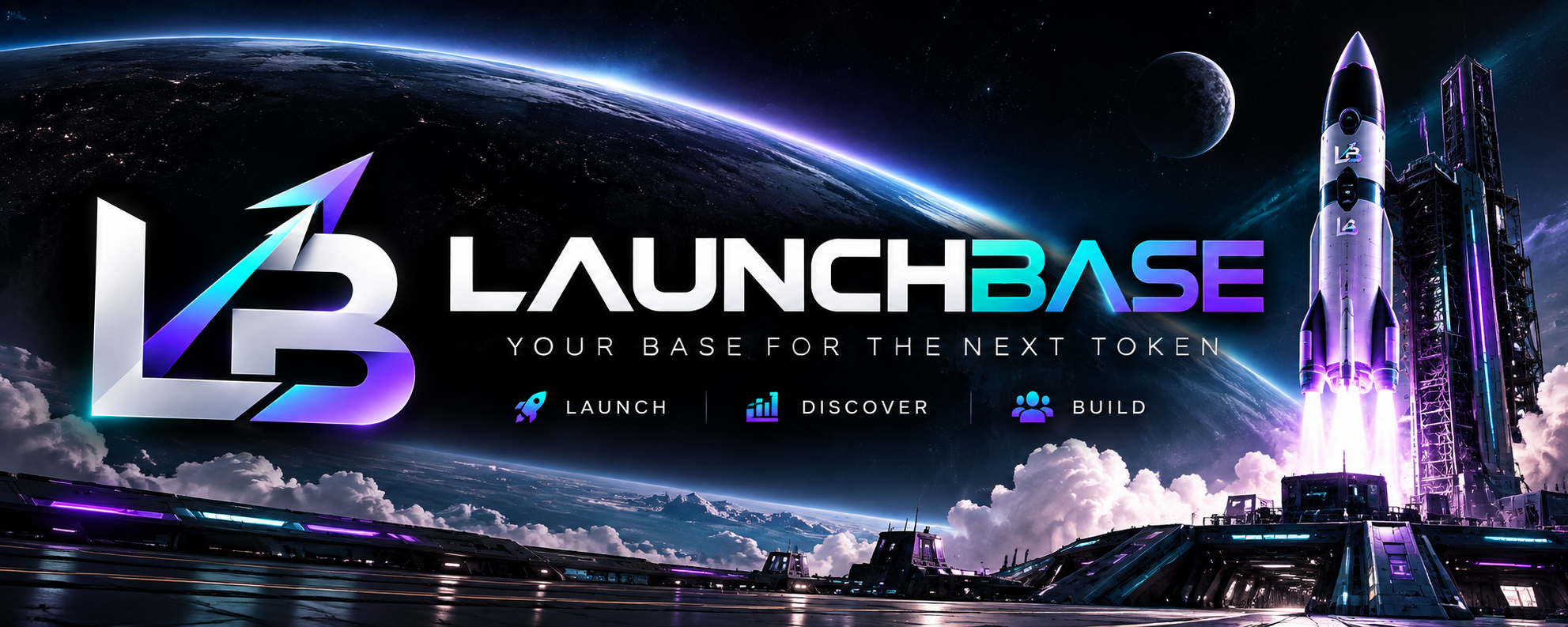 LaunchBase rocket launching above a futuristic platform